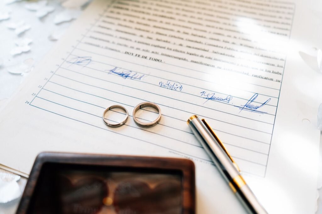 Wedding rings on a signed marriage certificate