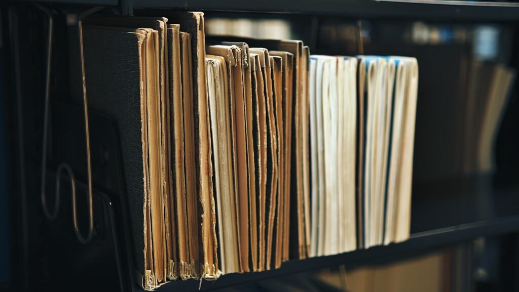 Old documents and books on a black metal library shelf